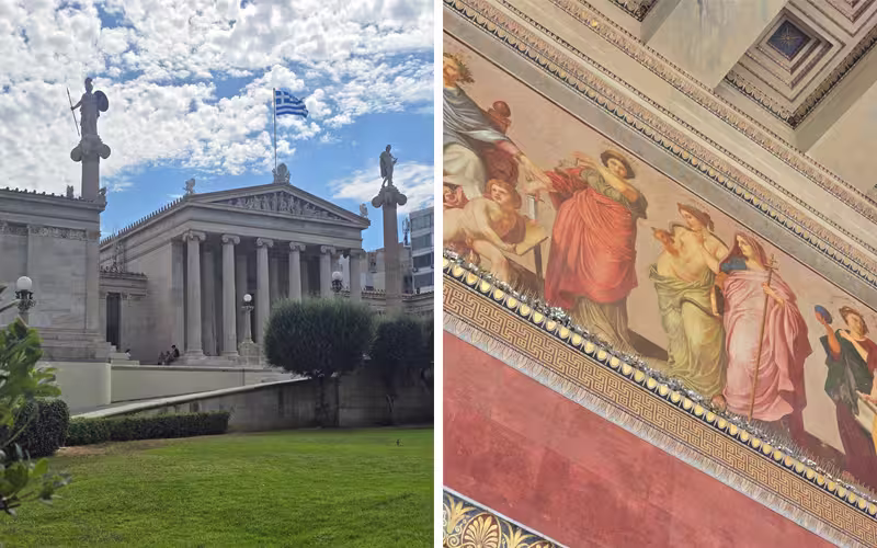 Twee foto's naast elkaar: de Academie van Athene en een fresco in het interieur