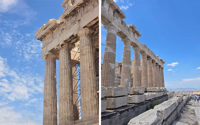 Twee foto's naast elkaar van de zuilen van het Parthenon op de Akropolis